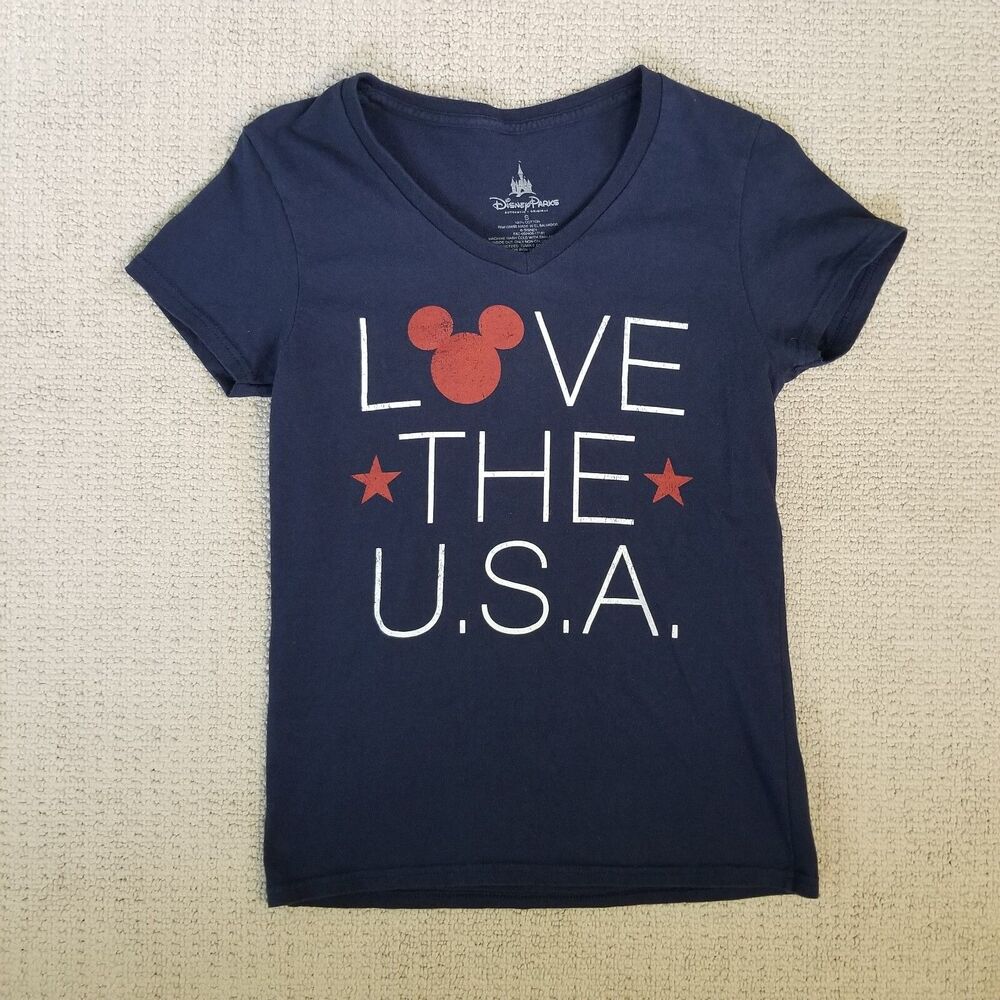Disney Parks TShirt Womens Blue Size Small LOVE THE USA V-Neck Mickey Mouse 4th